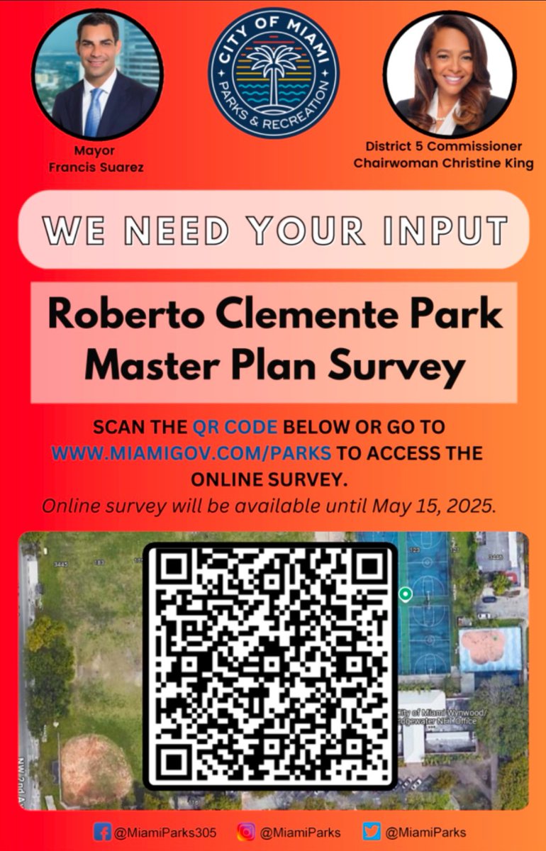 We need your feedback on the Roberto Clemente Park Master Plan survey! To participate, scan the QR code or click on link below:

forms.office.com/Pages/Response…