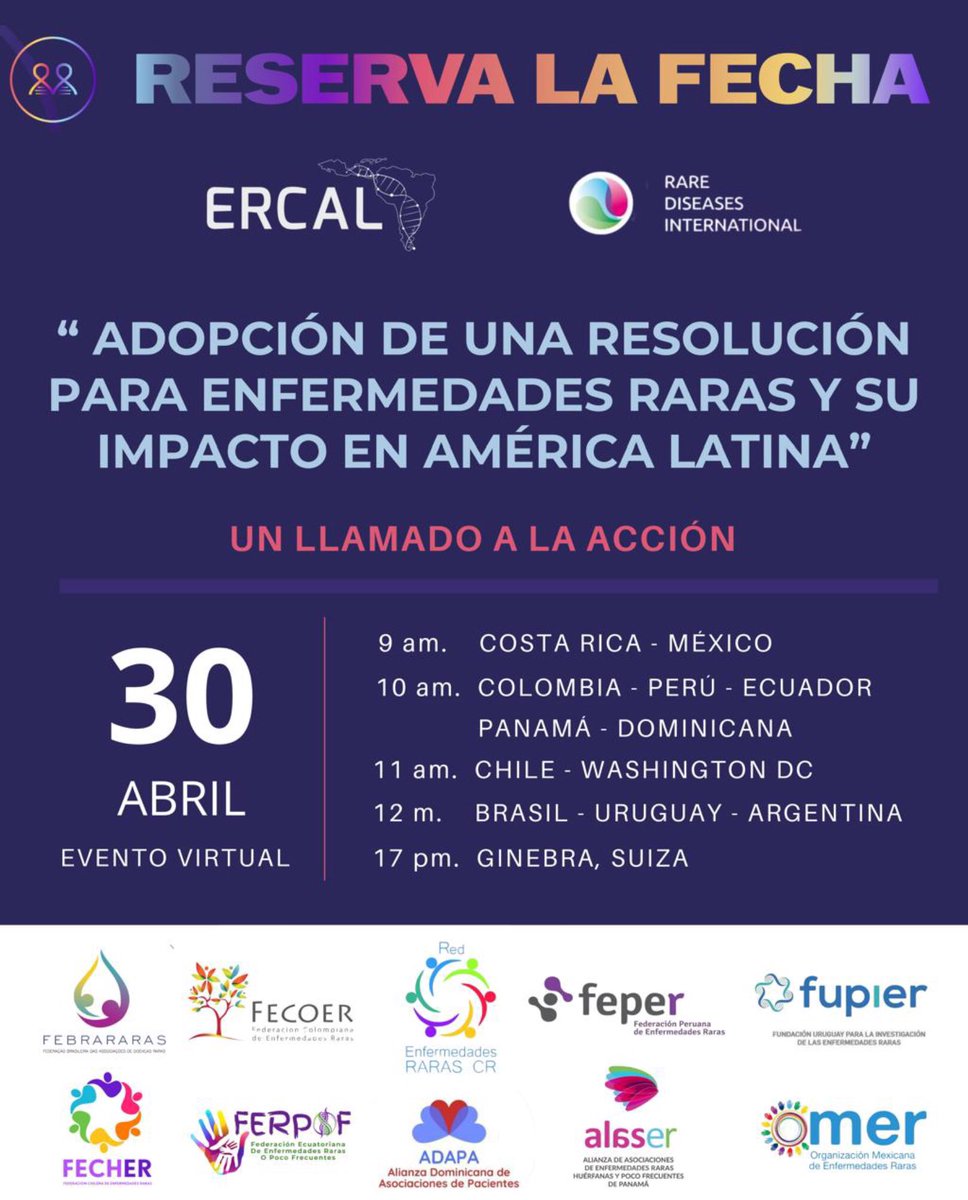 🚨El próximo miércoles, 30 de abril puedes participar en el webinar via Zoom, que organizan <a href="/Ercalgroup_/">ERCAL Enfermedades Raras El Caribe yAmérica Latina</a> y Rare Diseases International, junto a organizaciones de pacientes.
“Adopción de una resolución para enfermedades raras y su impacto en América Latina”
Súmate y sé parte del