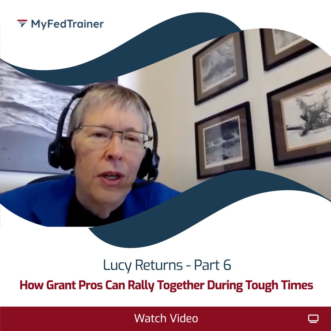 MyFedTrainer's tweet image. In the final clip from our interview with MyFedTrainer founder Lucy Morgan, she shares how grant pros can rally together through tough times. Watch it here: youtube.com/watch?v=n-J0AX… #GrantsManagement #FederalGrants