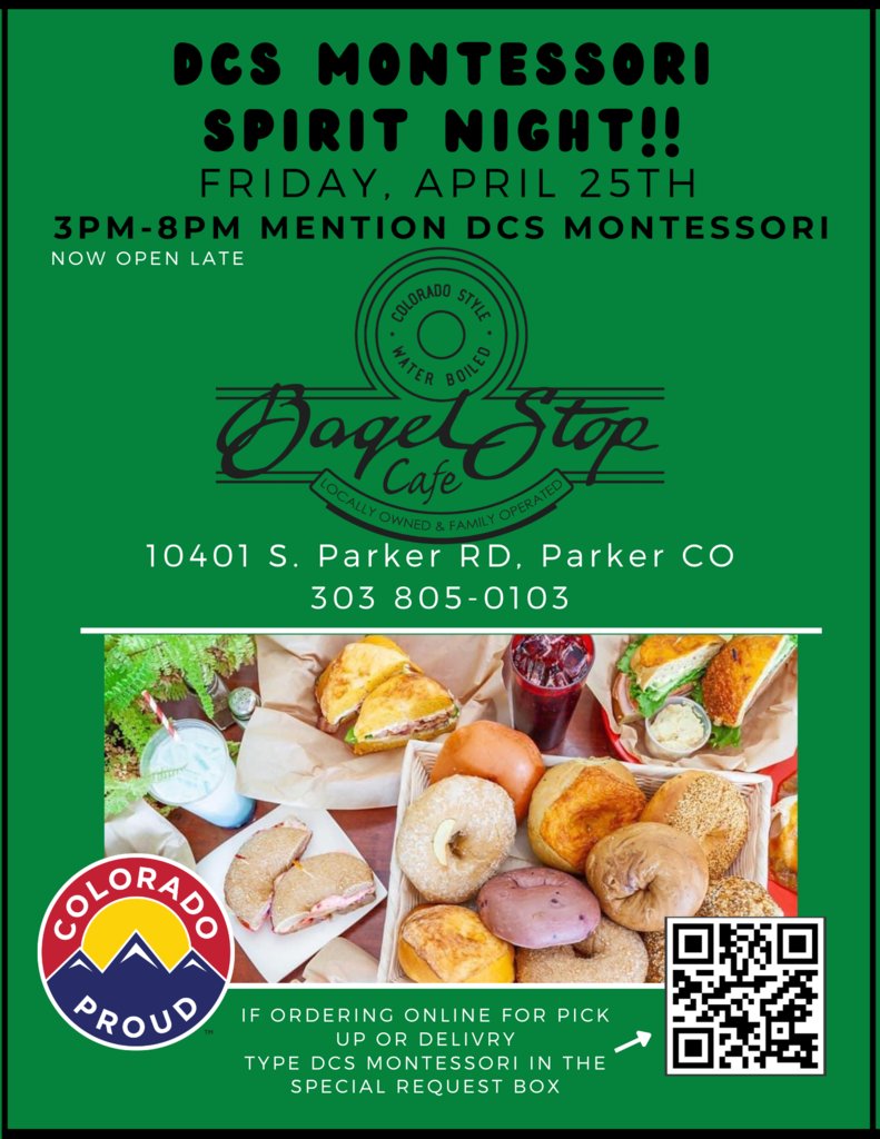 Visit the Bagel Stop Cafe today between 3pm and 8pm and mention DCS Montessori! Thank you for your support with this and all of our Spirit Night Fundraisers.