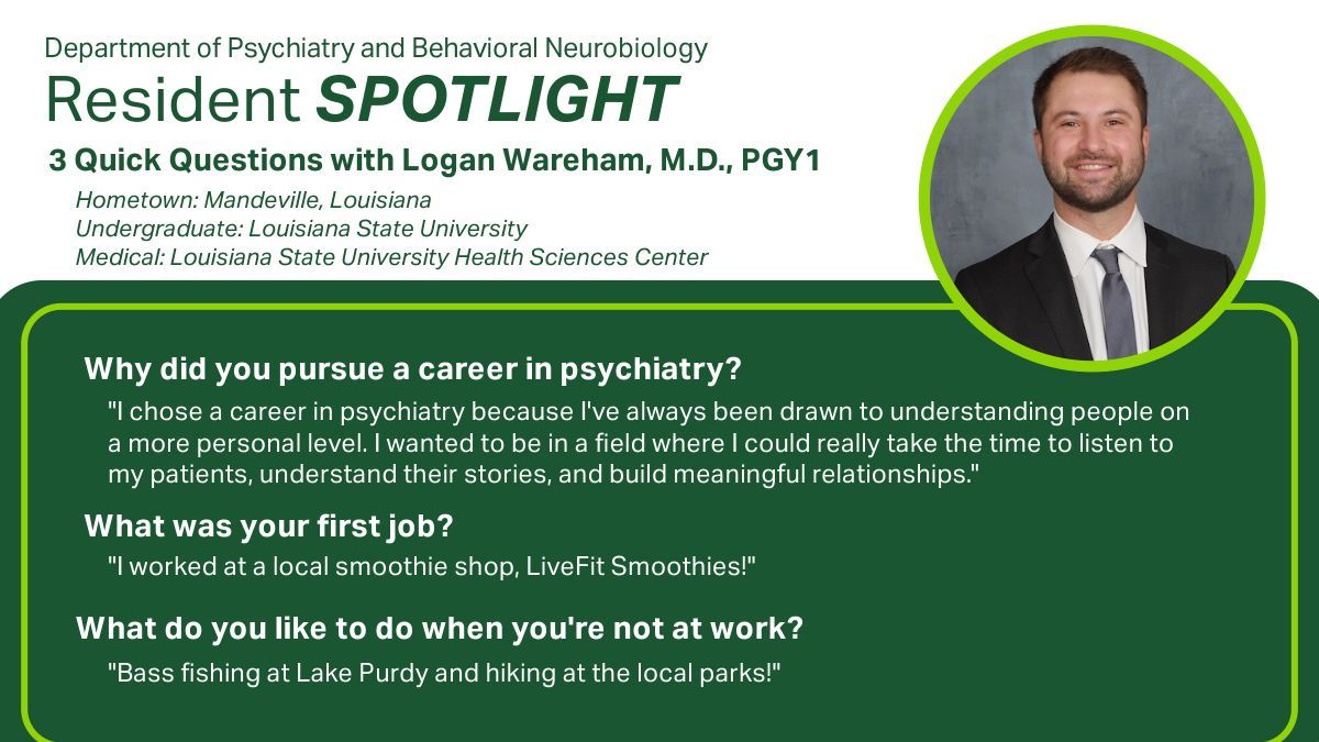 UAB Psychiatry (@uabpsychiatry) on Twitter photo This resident is a Louisiana native who likes bass fishing and hiking! Get to know Logan Wareham, M.D., PGY1, in today's resident spotlight. <a href="/UABHeersink/">UAB Heersink School of Medicine</a> This resident is a Louisiana native who likes bass fishing and hiking! Get to know Logan Wareham, M.D., PGY1, in today's resident spotlight. <a href="/UABHeersink/">UAB Heersink School of Medicine</a>