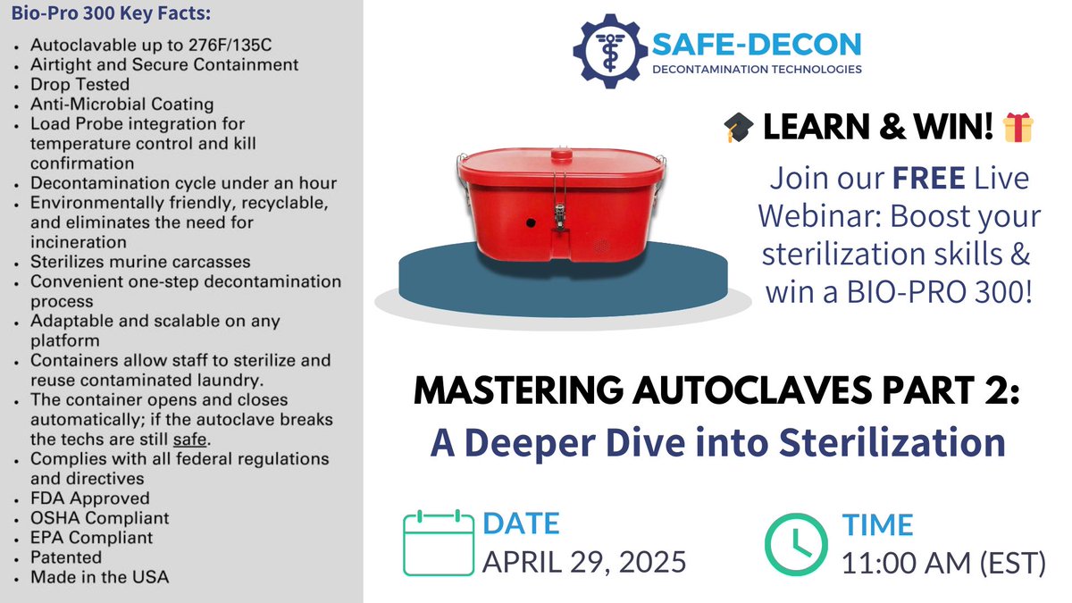 SafeDecon's tweet image. 🚨 LEARN &amp;amp; WIN! 🎓🎁

Spots are filling fast – REGISTER NOW!
buff.ly/pytXBN4

#SafeDecon #LearnAndWin #Autoclave #Webinar #Sterilization #Giveaway #BioPro300 #BiohazardManagement #SterileProcessing