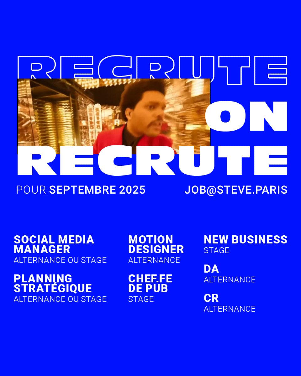 On lance notre campagne d’alternance pour septembre 2025 🔥🧢.
Ici pour postuler 👉 job@steve.paris

#Alternance #Job #Recrutement