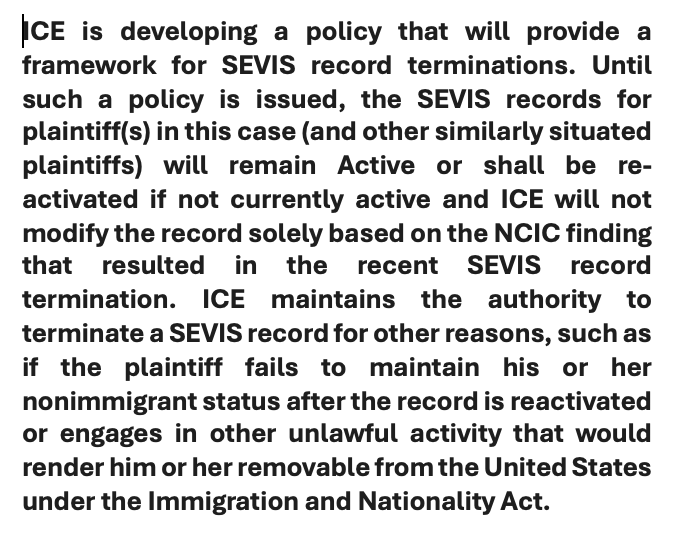 BaniasLaw's tweet image. #SaveSEVIS is working! @ICEgov is melting. Below is the statement ICE is pedaling to federal courts to stop losing #TROs. This may stop the bleeding, but it doesn&apos;t heal the wound. The fight will continue until we get a judgment or a settlement preventing ICE from doing this…
