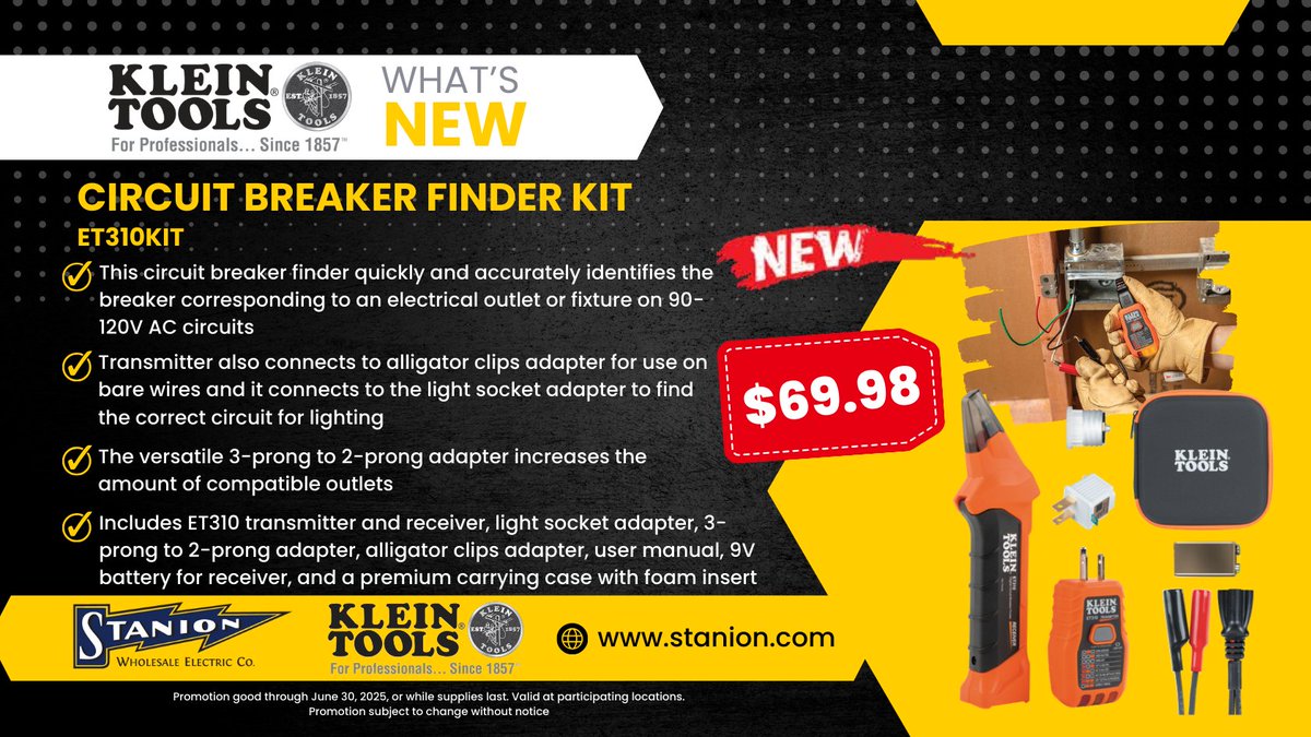 StanionElectric's tweet image. Ready to enhance your toolkit? Check out the Klein Circuit Breaker Finder Kit, now available at an unbeatable price! 🎉 Visit our website or drop by your local Stanion branch to get your hands on this, before the promotion ends June 30th!
#KleinTools #QualityTools #ToolsForPros