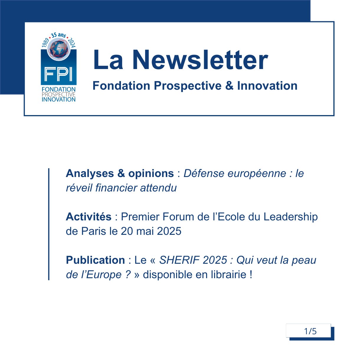 Fondation Prospective & Innovation (@fondationfpi) on Twitter photo ➡️ Découvrez la Newsletter de la <a href="/FondationFPI/">Fondation Prospective & Innovation</a> du vendredi 25 avril 2025 : urlr.me/WFZB25
📷 Pour retrouver nos publications et suivre notre programmation : urls.fr/BMpM0F
<a href="/jpraffarin/">Jean-Pierre Raffarin</a> <a href="/jf_cope/">Jean-François Copé</a> <a href="/EmmanuellePeres/">Emmanuelle PERES</a> ➡️ Découvrez la Newsletter de la <a href="/FondationFPI/">Fondation Prospective & Innovation</a> du vendredi 25 avril 2025 : urlr.me/WFZB25
📷 Pour retrouver nos publications et suivre notre programmation : urls.fr/BMpM0F
<a href="/jpraffarin/">Jean-Pierre Raffarin</a> <a href="/jf_cope/">Jean-François Copé</a> <a href="/EmmanuellePeres/">Emmanuelle PERES</a>