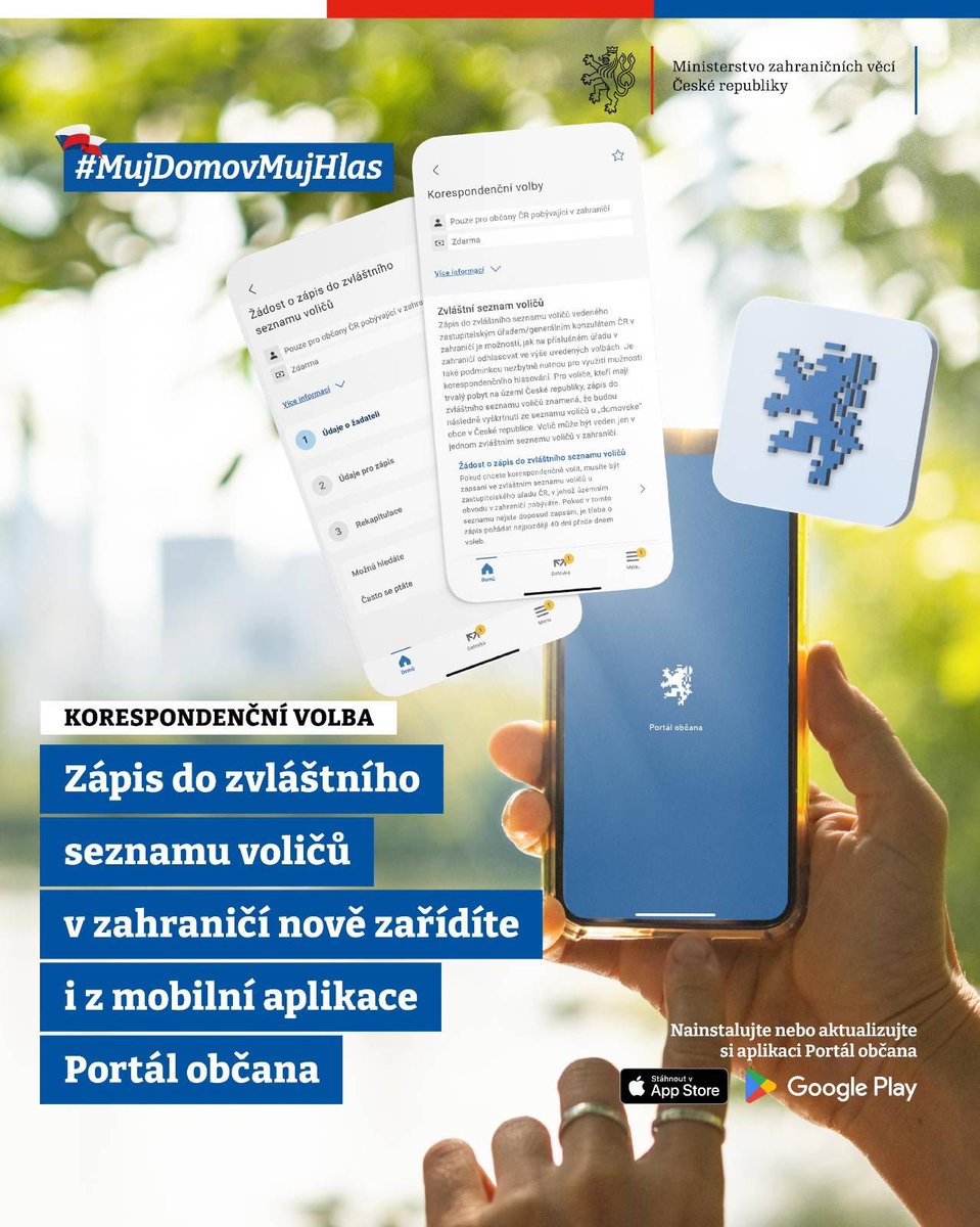 mzvcr's tweet photo. Zápis do zvláštního seznamu voličů v zahraničí nově vyřídíte i v mobilní aplikaci Portál občana. Stačí si ji stáhnout/aktualizovat a máte za pár minut hotovo. Můžete požádat i o výmaz ze zvláštního seznamu voličů, v případě, že jste se přestěhovali zpět do Česka. #MujDomovMujHlas https://t.co/72mYxKgpkK