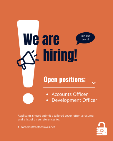 Free the Slaves (@freetheslaves) on Twitter photo 📢 Free the Slaves is hiring!
We are recruiting for two positions:
• Accounts Officer
• Development Officer
Learn more: Freetheslaves.net/careers
Apply by sending materials as one document to Careers@freetheslaves.net. 📢 Free the Slaves is hiring!
We are recruiting for two positions:
• Accounts Officer
• Development Officer
Learn more: Freetheslaves.net/careers
Apply by sending materials as one document to Careers@freetheslaves.net.