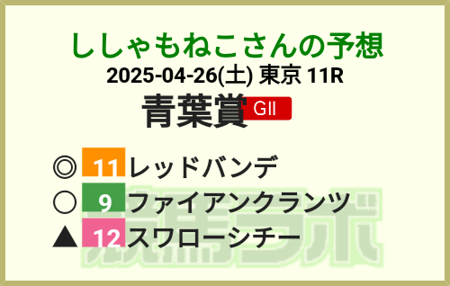 ginnan222's tweet photo. #競馬ラボ でアナタの予想を投稿しよう　⇒　https://t.co/fJLd9FdRZh
#競馬
#テレビ東京杯青葉賞(ダービートライアル)
#マイ予想印ジェネレーター https://t.co/MRVZ27XDFi