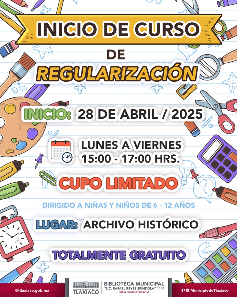 La Biblioteca Pública Municipal “Rafael Reyes Spíndola” invita a niñas y niños de 6 a 12 años a participar en el inicio del "Curso de Regularización", pensado para que los pequeños aprendan, se diviertan y refuercen los conocimientos adquiridos en clase.
#OrdenProgresoyBienestar