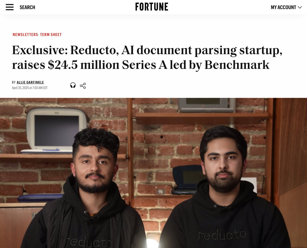 aditabrm's tweet image. We raised a $24.5M Series A led by @benchmark, bringing total funding to $33M!🚀
Last year we set out to define the state of the art in document processing. Today, companies like Vanta, Airtable, and ScaleAI trust @reductoai to ingest hundreds of millions of documents.
(1/7)