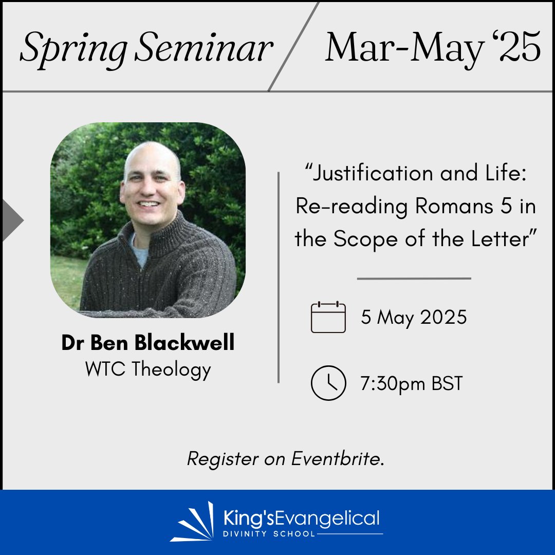 How does Romans 5 fit within Paul’s epistle to the Romans?

Learn more at our next Spring Seminar! Dr Ben Blackwell will deliver a presentation entitled, “Justification and Life: Re-reading Romans 5 in the Scope of the Letter.”

Register here: eventbrite.co.uk/e/129782224426…