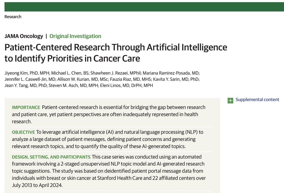 Stanford Center for Digital Health (@stanfordcdh) on Twitter photo Research led by #StanfordCDH's <a href="/JKim_1003/">Jiyeong Kim, PhD, MPH</a> demonstrates how #AI & #NLP can transform real patient portal messages into actionable #CancerResearch ideas. Analyzing patient concerns, we found 1/3 of generated topics were highly meaningful & novel: bit.ly/3EovDkf Research led by #StanfordCDH's <a href="/JKim_1003/">Jiyeong Kim, PhD, MPH</a> demonstrates how #AI & #NLP can transform real patient portal messages into actionable #CancerResearch ideas. Analyzing patient concerns, we found 1/3 of generated topics were highly meaningful & novel: bit.ly/3EovDkf