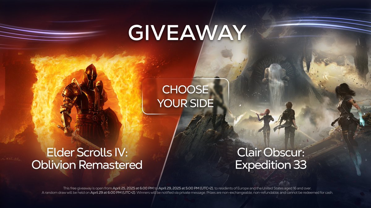 [GIVEAWAY 🎮]
Two games, two winners. 
Back to the classics or ready for something fresh? You decide.   

🔥 Up for grabs: 
• 1 Steam key – The Elder Scrolls IV: Oblivion Remastered 
• 1 Steam key – Clair Obscur: Expedition 33  

To enter:  
• Follow <a href="/Shadow_Official/">Shadow</a>
• RT +