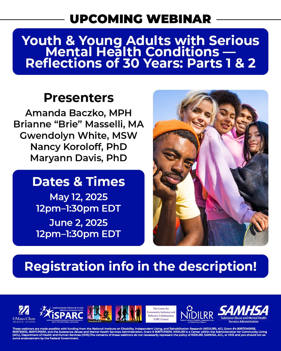 🚨 #WebinarAlert "Youth &amp; Young Adults with Serious Mental Health Conditions - Reflections of 30 Years: Parts 1 &amp; 2".  May 12th &amp; June 2nd from 12-1:30 PM. Major milestones achieved since the field’s infancy,  lessons learned &amp; future implications &amp; more
umassmed.zoom.us/webinar/regist…