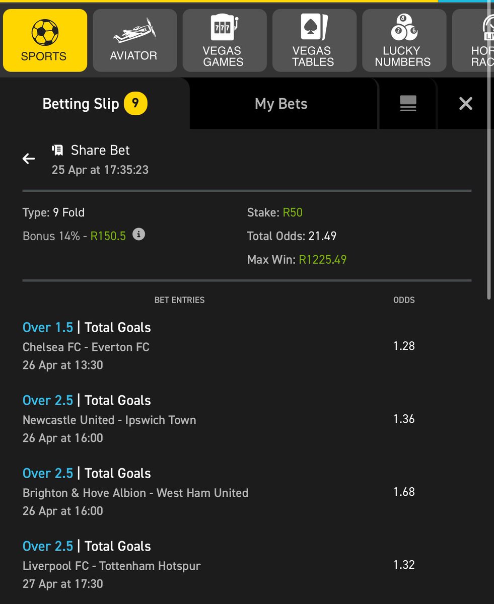 2/5 | 21 odds on <a href="/Easybet_SA/">Easybet South Africa</a> 

🔑 Bet slip code 👉🏽 03-191717

Copy my bet slip here: easybet.co.za/sports?bookedB…

Not yet on Easybet? 

Sign up using my promo code
👉🏽 GURRU50 to get a R50 Sign up bonus + 25 bonus spins 

Join here 👉🏽 ebpartners.click/o/C3eXSx 

18 + | T&amp;CS Apply