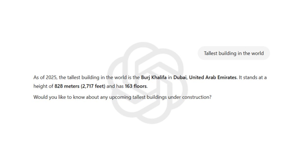chatgptdeepseek's tweet image. Round 25

#DeepSeek 11-6 #ChatGPT

&quot;𝐓𝐚𝐥𝐥𝐞𝐬𝐭 𝐛𝐮𝐢𝐥𝐝𝐢𝐧𝐠 𝐢𝐧 𝐭𝐡𝐞 𝐰𝐨𝐫𝐥𝐝&quot;

DeepSeek: Burj Khalifa ✅
ChatGPT: Burj Khalifa ✅

Verdict: Burj Khalifa is the tallest building in the world at 828m (2717 feet). 🇦🇪

#chatgptvsdeepseek #khalifa #tallestbuilding