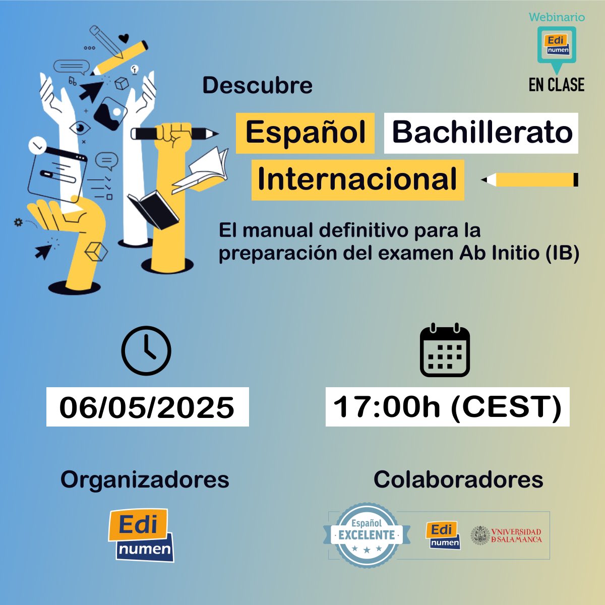 Editorial Edinumen (@edinumen) on Twitter photo 🚨 ¿Eres profesor de Bachillerato Internacional? ¿Preparas a tus estudiantes para el examen Ab initio (IB)?
👉 Entonces no te pierdas “Descubre Español Bachillerato Internacional” en el que <a href="/Alvaro_Sesmilo/">Álvaro Sesmilo</a> nos presentará este manual.
🔗 Para más info: lnkd.in/dUh3tSwv 🚨 ¿Eres profesor de Bachillerato Internacional? ¿Preparas a tus estudiantes para el examen Ab initio (IB)?
👉 Entonces no te pierdas “Descubre Español Bachillerato Internacional” en el que <a href="/Alvaro_Sesmilo/">Álvaro Sesmilo</a> nos presentará este manual.
🔗 Para más info: lnkd.in/dUh3tSwv