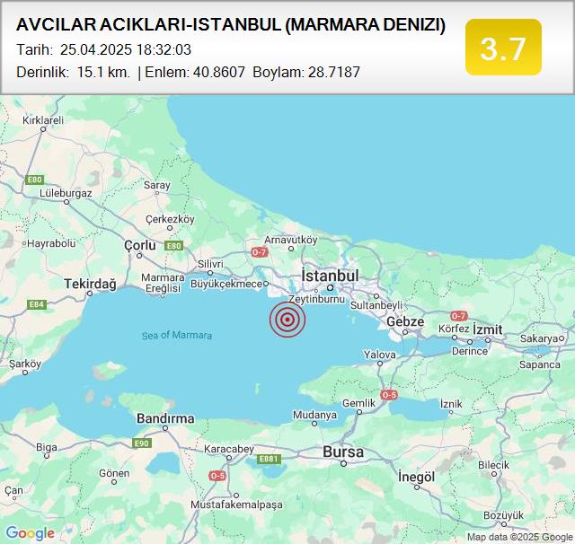 AVCILAR ACIKLARI-ISTANBUL (MARMARA DENIZI)
Büyüklük: 3.7
Tarih:
 25.04.2025
Saat:
 18:32:03
Derinlik:
 15.1 km #deprem #MARMARADENIZI