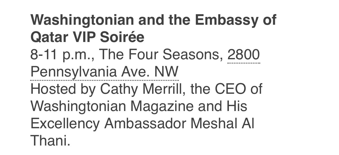 WashGuild's tweet image. Washingtonian: Let’s host a VIP journalism soirée at the Four Seasons with the government of Qatar!
Also Washingtonian: $42,500 is an acceptable salary for our own employees.