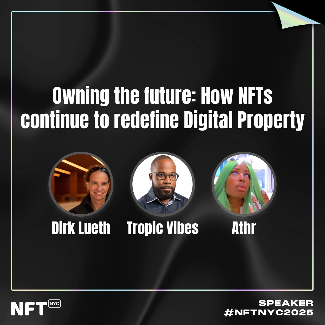 NFT_NYC's tweet photo. How do we build NFT ecosystems that actually work? @athr__art explores future cities + AR, @TropicVibes breaks down Web3 gaming friction, and @DirkLueth connects the dots. 

From digital spaces to real-world impact—let’s design with purpose.

Don't miss this session at https://t.co/S09sVdTEBo 2025