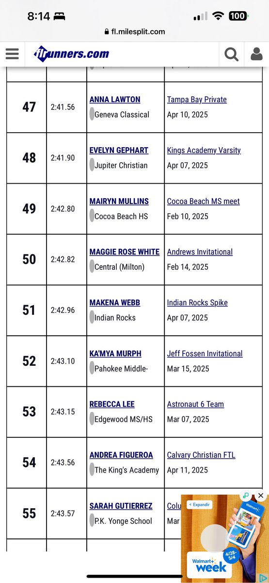 MaggieRose_20's tweet image. Excited to share that I was listed in the Florida Girls Class of 2029 Top 100 Performances in the 800m! Can’t wait for next season! Next week my 4x400 team competes at Regionals. Go Jags!