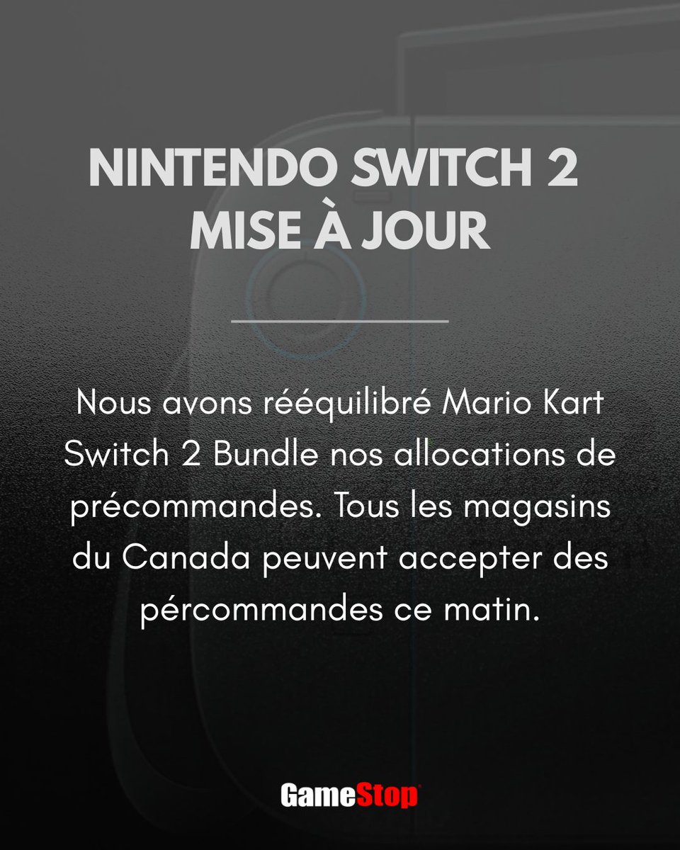 Nous avons rééquilibré Mario Kart Switch 2 Bundle nos allocations de précommandes. Tous les magasins du Canada peuvent accepter des pércommandes ce matin.

Vérifiez la disponibilité en magasin ici : bit.ly/42QWddP