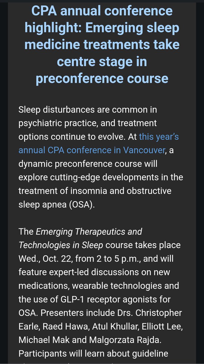 Michael Mak (@mak_mike) on Twitter photo Great to see Sleep health take centre stage at the <a href="/CPA_APC/">CanPsychiatricAssoc</a> Annual Conference for 2025. Drs. Earle, Hawa, Lee, Khullar, Rajda and I will deliver a preconference course on Oct 22 from 2-5pm about cutting edge treatments in sleep medicine. <a href="/CanSleepSociety/">Canadian Sleep Society</a> <a href="/AASMorg/">American Academy of Sleep Medicine</a> <a href="/UofTPsych/">UofTPsychiatry</a> Great to see Sleep health take centre stage at the <a href="/CPA_APC/">CanPsychiatricAssoc</a> Annual Conference for 2025. Drs. Earle, Hawa, Lee, Khullar, Rajda and I will deliver a preconference course on Oct 22 from 2-5pm about cutting edge treatments in sleep medicine. <a href="/CanSleepSociety/">Canadian Sleep Society</a> <a href="/AASMorg/">American Academy of Sleep Medicine</a> <a href="/UofTPsych/">UofTPsychiatry</a>