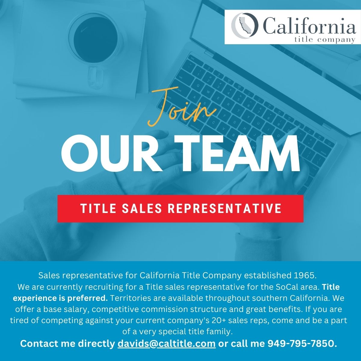 CalTitleCo's tweet photo. 📣 We're seeking a skilled individual to join our sales team! Interested candidates are encouraged to submit their resume today!

#Hiring #SalesJobs #realestate #titleinsurance #losangeles #orangecounty #sandiego #riverside https://t.co/UAxcO1OP7j