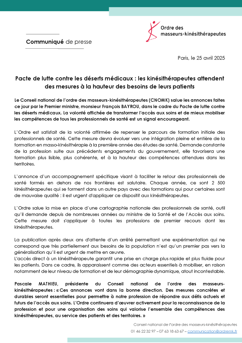 [COMMUNIQUÉ DE PRESSE 📝]

Le @CNOMK salue les annonces faites ce jour par le Premier ministre <a href="/bayrou/">François Bayrou</a> dans le cadre du Pacte de lutte contre les déserts médicaux. 
La volonté affichée de transformer l’accès aux soins et de mieux mobiliser les compétences de tous les