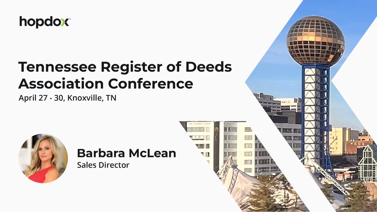 hopdox's tweet image. 🎉 We’re headed to the Tennessee Register of Deeds Association Conference! 🎉

Be sure to say hi to Barbara McLean and hear how Hopdox is making eRecording simply better.

#Hopdox #eRecording #SimplyBetter #TennesseeRegistersofDeeds