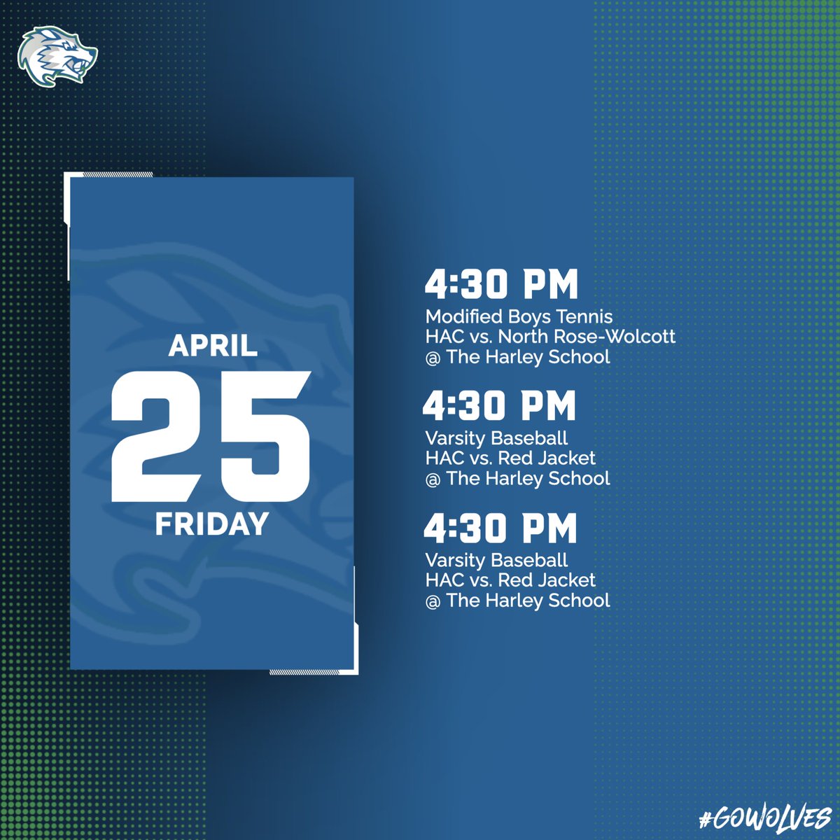 Big day for the Wolves! 💪

⚾️ #HACbaseball has their home opener vs. <a href="/RedJacketSports/">RJAthletics</a>
🏫 <a href="/HarleySchool/">The Harley School</a> 
🕟 4:30 PM

🎾 Modified #HACtennis hosts North Rose-Wolcott
🏫 <a href="/HarleySchool/">The Harley School</a>
🕟 4:30 PM

🎾 Varsity #HACtennis vs. Geneva
🏫 <a href="/GenevaCSD/">Geneva CSD</a> 
🕟 4:30 PM

#GoWolves
