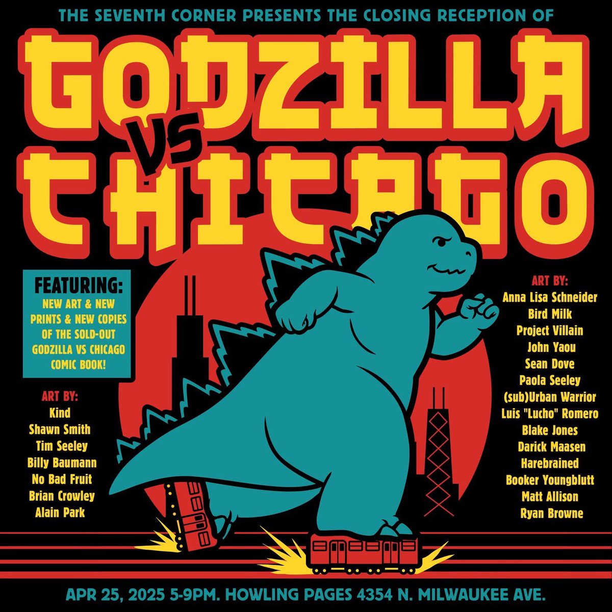 The Seventh Corner (@seventh_corner) on Twitter photo TONIGHT: Stop by the closing reception for our Godzilla vs Chicago show! We've got some new art, beers by Surly, a real life Godzilla for photo ops, AND <a href="/HowlingPagesChi/">Howling Pages</a> has a limited supply of the Godzilla Vs Chicago comic book by <a href="/IDWPublishing/">IDW Publishing</a> ! The show is all ages and free! TONIGHT: Stop by the closing reception for our Godzilla vs Chicago show! We've got some new art, beers by Surly, a real life Godzilla for photo ops, AND <a href="/HowlingPagesChi/">Howling Pages</a> has a limited supply of the Godzilla Vs Chicago comic book by <a href="/IDWPublishing/">IDW Publishing</a> ! The show is all ages and free!