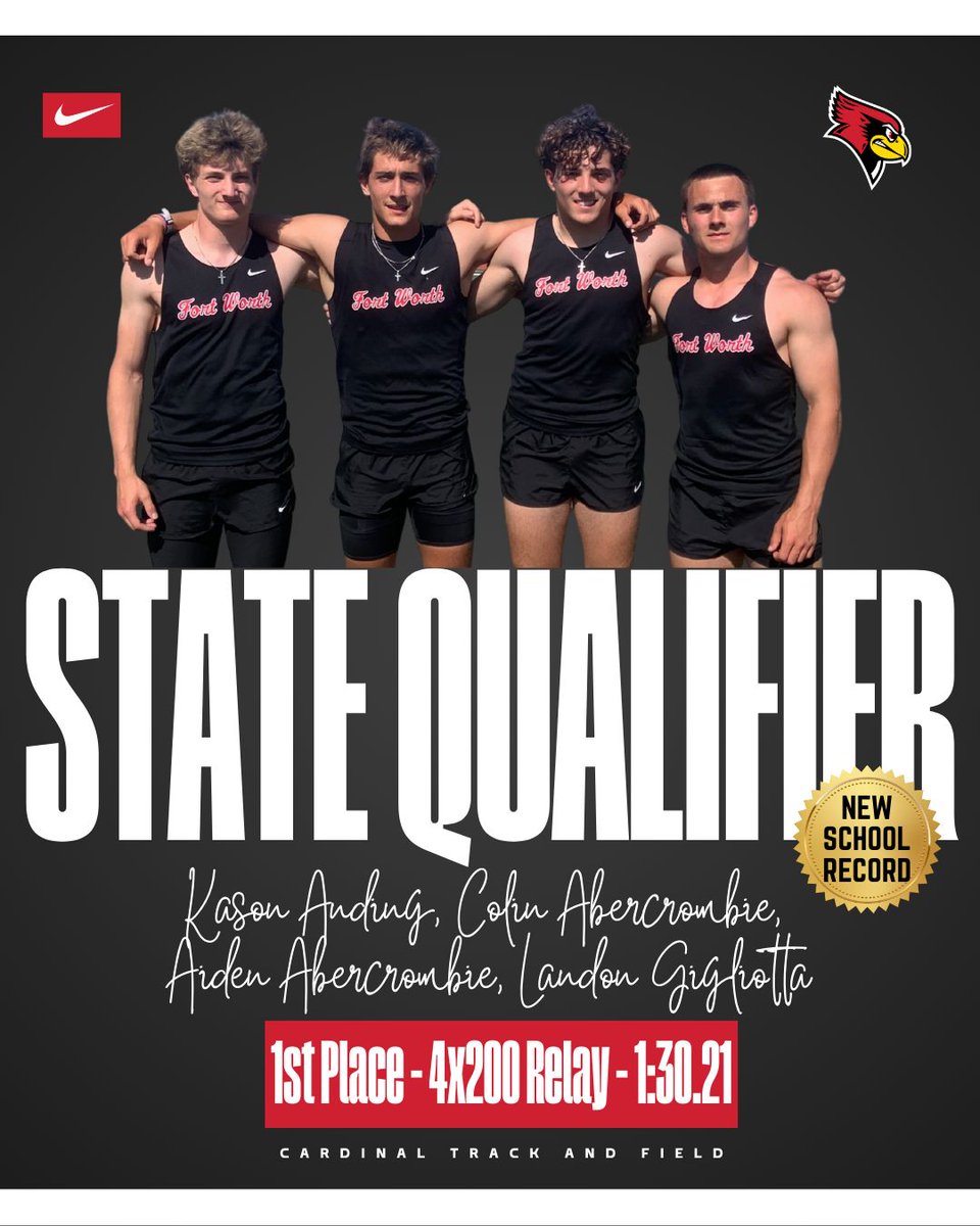 STATE QUALIFIER - Kason Anding, Colin Abercrombie, Aiden Abercrombie, Landon Gigliotta - 1stPlace - 4x200m Relay - NEW SCHOOL RECORD - 1:31.21!