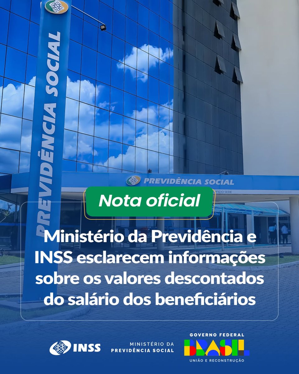 CarlosLupiPDT's tweet photo. 📢 O Ministério da Previdência e o INSS publicaram uma nota oficial com esclarecimentos sobre os descontos realizados nos salários dos beneficiários. Confira todos os detalhes na matéria completa em: 

https://t.co/61AbhPSzVe https://t.co/F880gat24Q