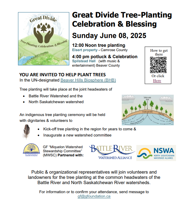 BeaverHillsBiosphere (@bhbiosphere) on Twitter photo Save the Date! June 8, 2025🌲🌳
Join us for the Great Divide Tree Planting — hosted by <a href="/battleriver/">Battle River Watershed</a>, <a href="/NorthSaskRiver/">North Saskatchewan Watershed Alliance</a> & the Miquelon Watershed Stewardship Committee!
For more details, visit: gfoundation.ca/event/great-di…
or connect with: gf@gfoundation.ca Save the Date! June 8, 2025🌲🌳
Join us for the Great Divide Tree Planting — hosted by <a href="/battleriver/">Battle River Watershed</a>, <a href="/NorthSaskRiver/">North Saskatchewan Watershed Alliance</a> & the Miquelon Watershed Stewardship Committee!
For more details, visit: gfoundation.ca/event/great-di…
or connect with: gf@gfoundation.ca