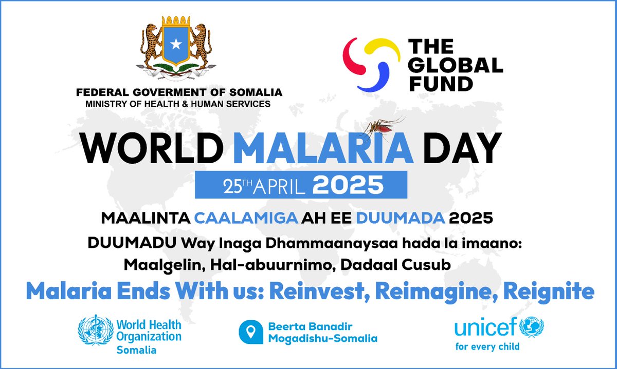 As we commemorate World Malaria Day, we reiterate our commitment to #EndMalaria and honor the frontline health workers who battle malaria daily.Your dedication saves lives, prevents outbreaks, and brings us closer to eradication.
<a href="/WHOSom/">WHO Somalia</a>,<a href="/unicefsomalia/">UNICEF Somalia</a>
<a href="/GlobalFund/">The Global Fund</a>