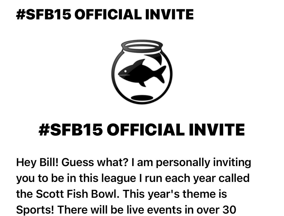 Bill S (@williamschule20) on Twitter photo Oh, hell yeah! Seeing this in the inbox will never get old! Thanks <a href="/ScottFish24/">Scott Fish</a> <a href="/FantasyCaresOrg/">Fantasy Cares #fantasycares</a> and everyone else involved in this amazing tournament!
Last year, I was in the Waterboy division.
#SFB15 - it has to be-
🔥 SCLSU Mud Dogs 🔥 LFG!! Oh, hell yeah! Seeing this in the inbox will never get old! Thanks <a href="/ScottFish24/">Scott Fish</a> <a href="/FantasyCaresOrg/">Fantasy Cares #fantasycares</a> and everyone else involved in this amazing tournament!
Last year, I was in the Waterboy division.
#SFB15 - it has to be-
🔥 SCLSU Mud Dogs 🔥 LFG!!