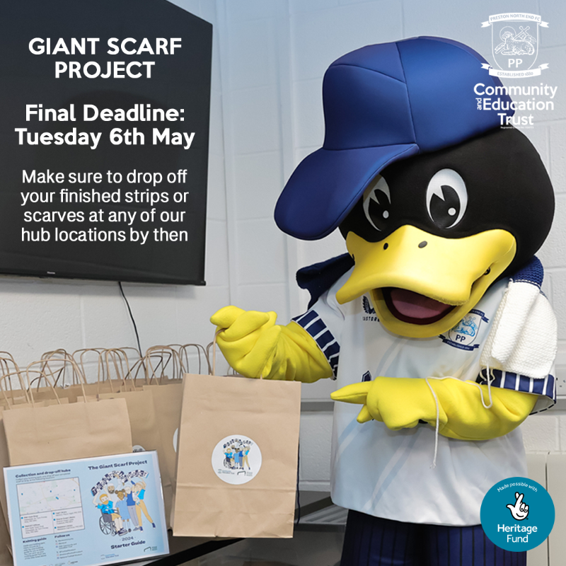 🧣⚽ The deadline to bring in your scarves and strips is approaching!

You can drop off your at any of our hubs or at the PNECET office at Deepdale by close of play on Tuesday 6th May. 🧶

#PNECET | <a href="/FootballMuseum/">Nat. Football Museum</a>