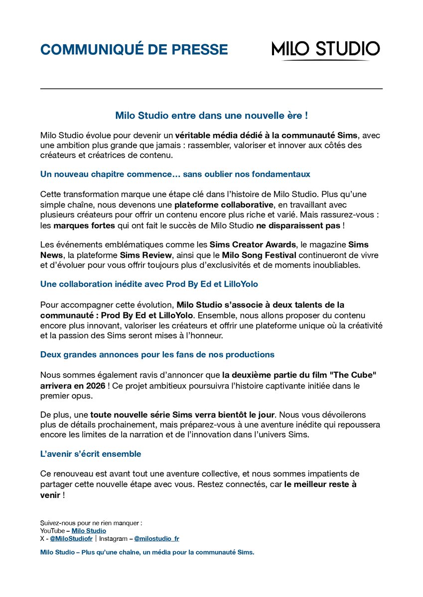 🎬✨ COMMUNIQUÉ DE PRESSE
Milo Studio évolue !

Mon univers grandit, mes projets s’affinent, et une nouvelle ère créative s’ouvre.

Merci à celles et ceux qui me soutiennent depuis le début 💛
L’aventure ne fait que commencer. 🚀

#nouveauchapitre #sims4 #communauté