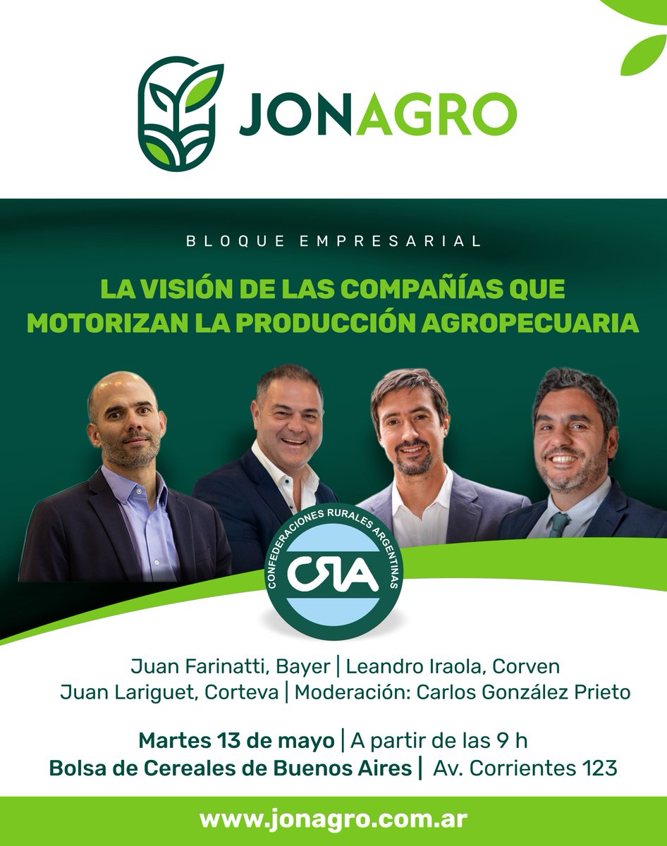 💡 Innovación, estrategia y campo: la mirada empresarial en Jonagro.
En el marco de #Jonagro2025, uno de los espacios más esperados será el Bloque Empresarial: “La visión de las compañías que motorizan la producción agropecuaria”.

Una conversación de alto nivel con quienes