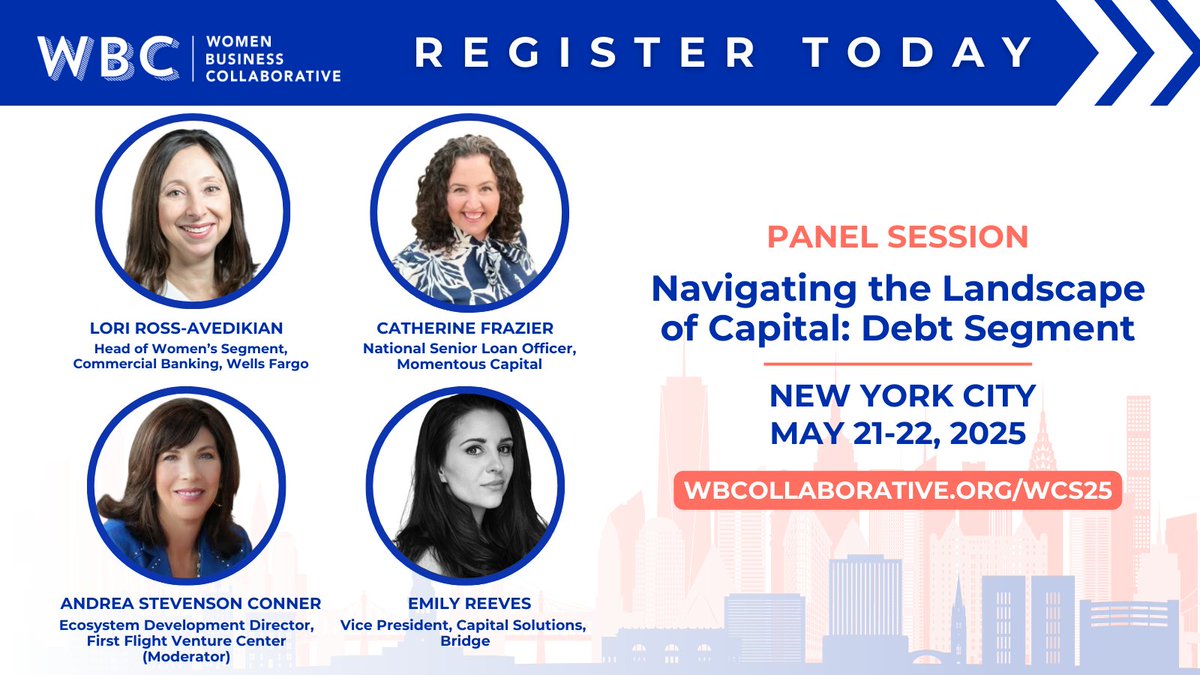 Women Business Collaborative (@wbcollaborative) on Twitter photo Join us at #WCS25 for the panel: Navigating the Landscape of Capital: Debt Segment.
May 21–22
NYC
🔗 wbcollaborative.org/WCS25
<a href="/ffvcnc/">First Flight Venture Center</a>
<a href="/andrea_s_conner/">Andrea Conner</a>
#WomenInBusiness #AccessToCapital #WBCFasterTogether Join us at #WCS25 for the panel: Navigating the Landscape of Capital: Debt Segment.
May 21–22
NYC
🔗 wbcollaborative.org/WCS25
<a href="/ffvcnc/">First Flight Venture Center</a>
<a href="/andrea_s_conner/">Andrea Conner</a>
#WomenInBusiness #AccessToCapital #WBCFasterTogether