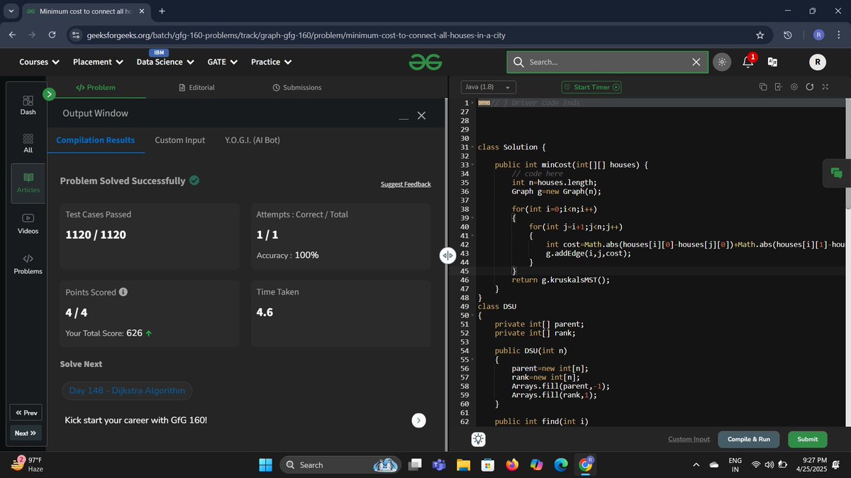 Rameshwari (@datacode2025) on Twitter photo Day 147✅Of 160gfg Challenge
Problem-Minimum Cost to Connect all house
Approach-Build graph using Manhattan distance
🔹 Sort edges & apply Kruskal’s MST
🔹 Use DSU for cycle detection
🔹 Pick lowest-cost edges till all houses connect
#160gfgchallenge <a href="/geeksforgeeks/">GeeksforGeeks</a> #womenintech Day 147✅Of 160gfg Challenge
Problem-Minimum Cost to Connect all house
Approach-Build graph using Manhattan distance
🔹 Sort edges & apply Kruskal’s MST
🔹 Use DSU for cycle detection
🔹 Pick lowest-cost edges till all houses connect
#160gfgchallenge <a href="/geeksforgeeks/">GeeksforGeeks</a> #womenintech