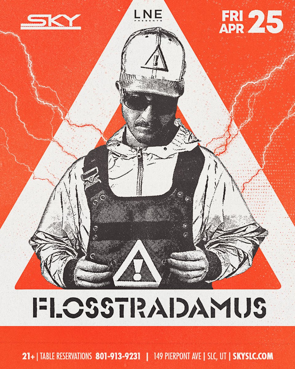 It's <a href="/FLOSSTRADAMUS/">FLOSSTRADAMUS ⚠</a> Friday! ⚠️⚠️⚠️

Collaborating with some huge names in the scene, with iconic tracks that command the dance floor, don't miss a massive Friday night in the 801!

🔊 + <a href="/OBAYASHI_off/">OBAŸASHI 🫠🪩</a> and MASTON

Tickets Only $20...
🎫 SKYSLC.COM
VIP 🍾 (801) 913-9231