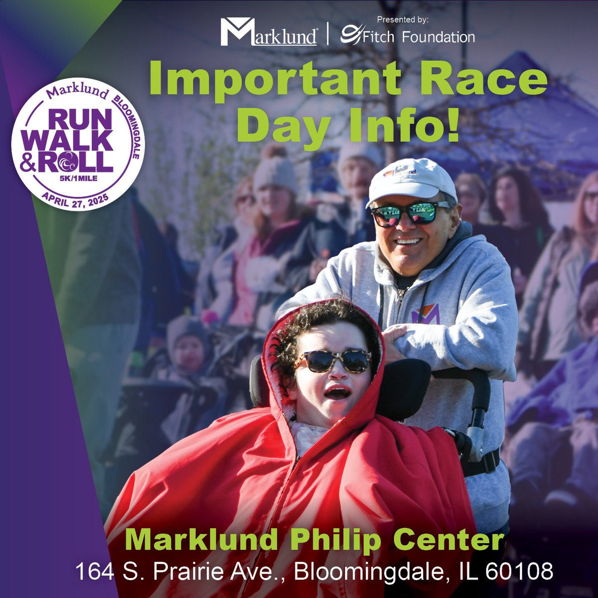 If you’re registered for the Run, Walk &amp; Roll 5K/1 Mile, you can get your packet today from 4-7pm, Sat from 10am-1pm, or on race day from 7:30-8:15am. Pickup is at Marklund’s Ann Haskins Center in Bloomingdale (164 S. Prairie Ave). Full event details here: marklund.org/5K