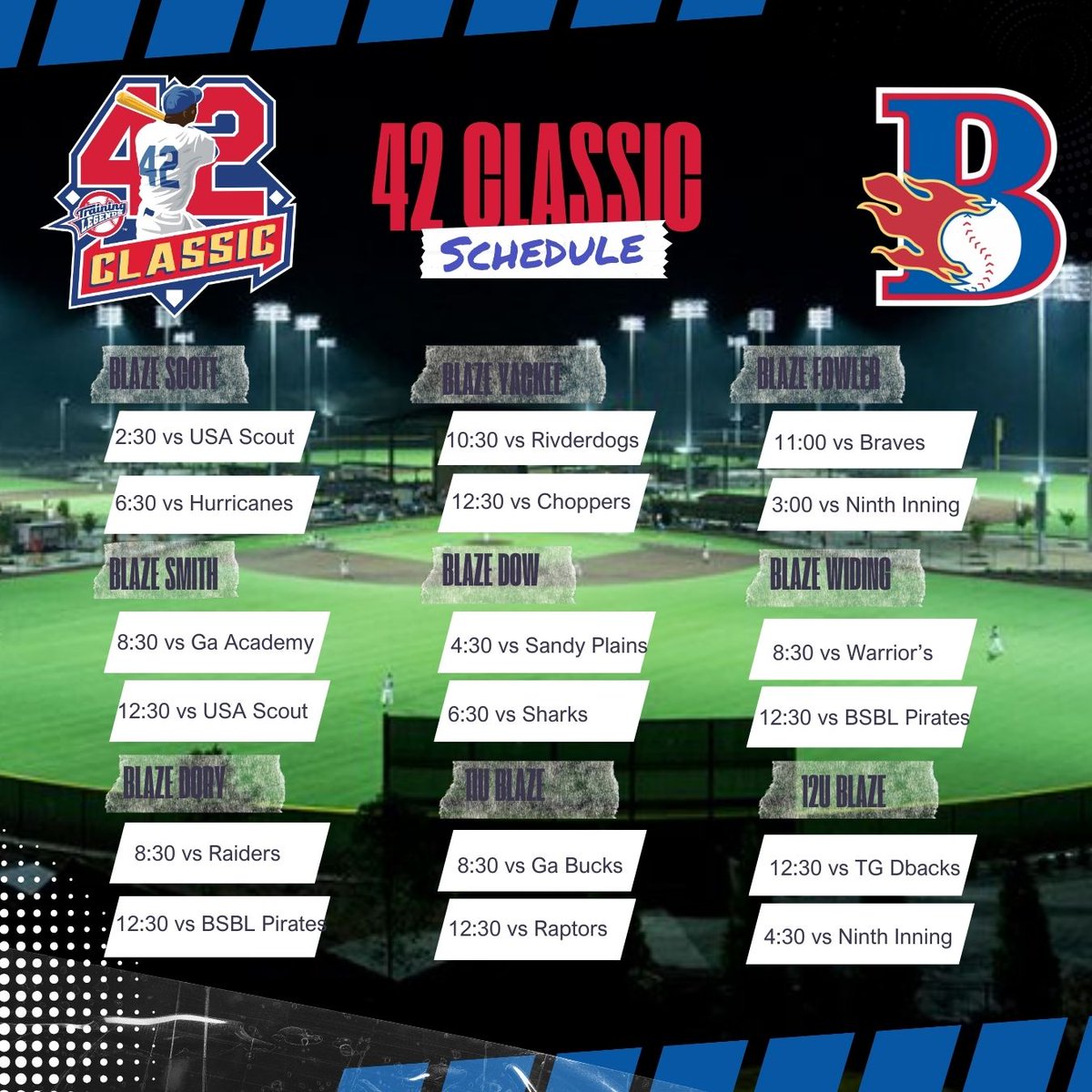 The forecast🌞is looking great for the 9 teams playing in the 42 Classic this weekend! Good luck to all our Blaze teams! 
"A life is not important except in the impact it has on other lives" -Jackie Robinson