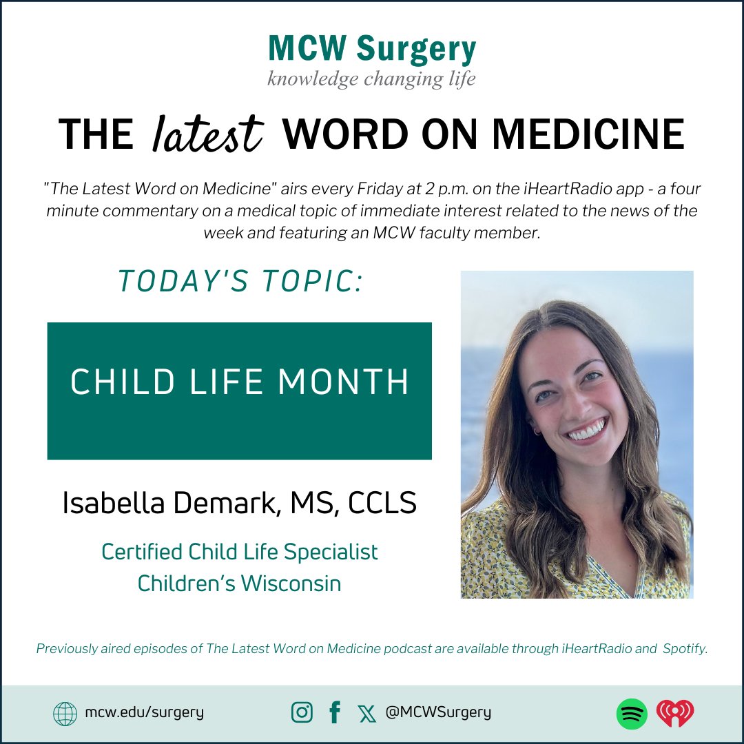 MCW Surgery (@mcwsurgery) on Twitter photo 🎙️The #LatestWordOnMedicine airs at 2PM on <a href="/iHeartRadio/">iHeartRadio</a> & will discuss Child Life Month with Isabella Demark!
Listen here: ow.ly/OrPL50PM7B1
#LeadingTheWay <a href="/MedicalCollege/">Medical College of Wisconsin</a> <a href="/Froedtert/">Froedtert</a> 🎙️The #LatestWordOnMedicine airs at 2PM on <a href="/iHeartRadio/">iHeartRadio</a> & will discuss Child Life Month with Isabella Demark!
Listen here: ow.ly/OrPL50PM7B1
#LeadingTheWay <a href="/MedicalCollege/">Medical College of Wisconsin</a> <a href="/Froedtert/">Froedtert</a>