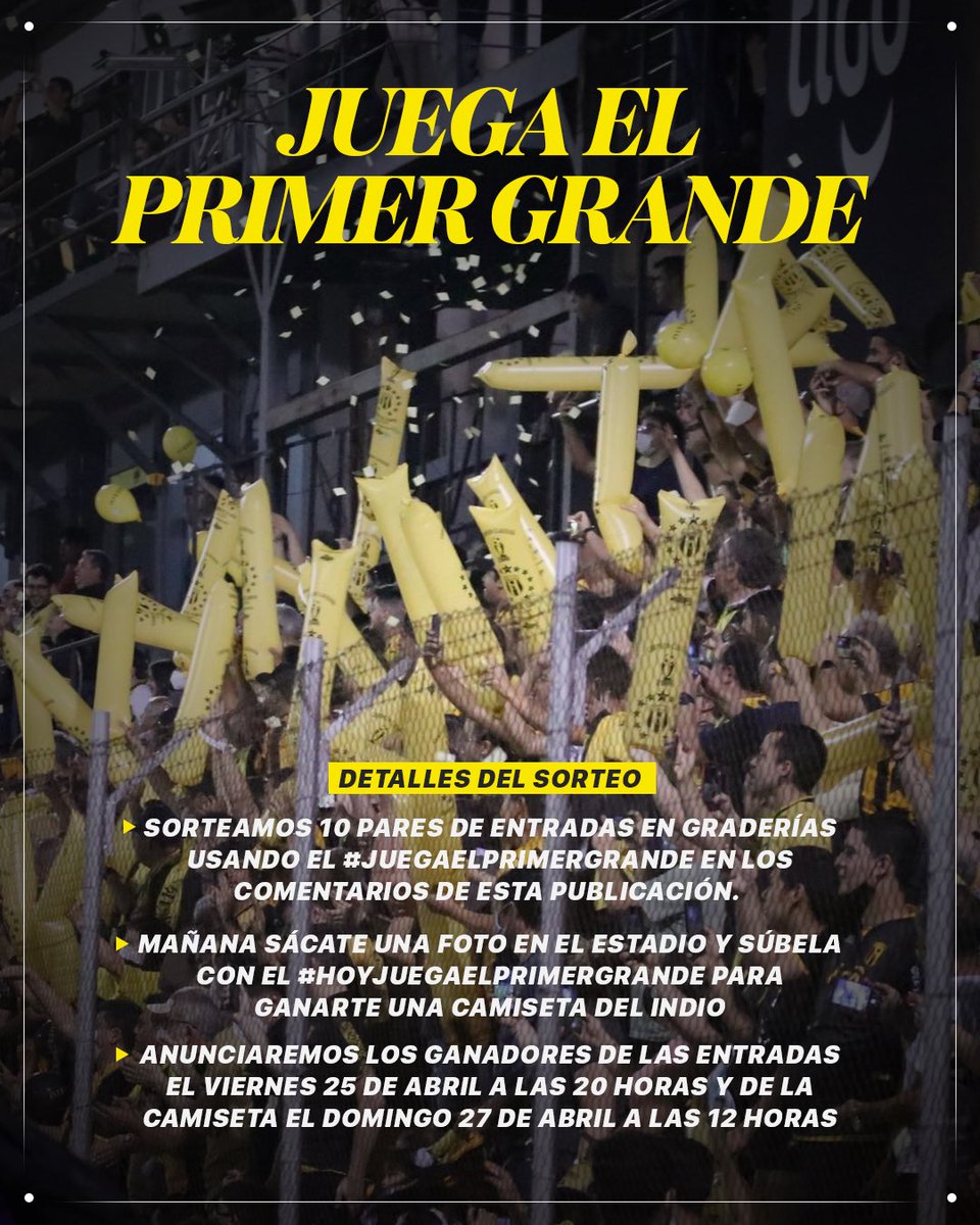 ClubGuarani's tweet photo. ✊🏻 JUEGA EL PRIMER GRANDE 

▶️ Sorteamos 10 pares de entradas entre los que comenten esta publicación con el #JuegaElPrimerGrande. 

▶️ Mañana, sácate una foto en el Estadio y súbela con el #HoyJuegaElPrimerGrande para ganarte una camiseta del indio en otro de nuestros sorteos. 

#VamosLegendario🟡⚫️