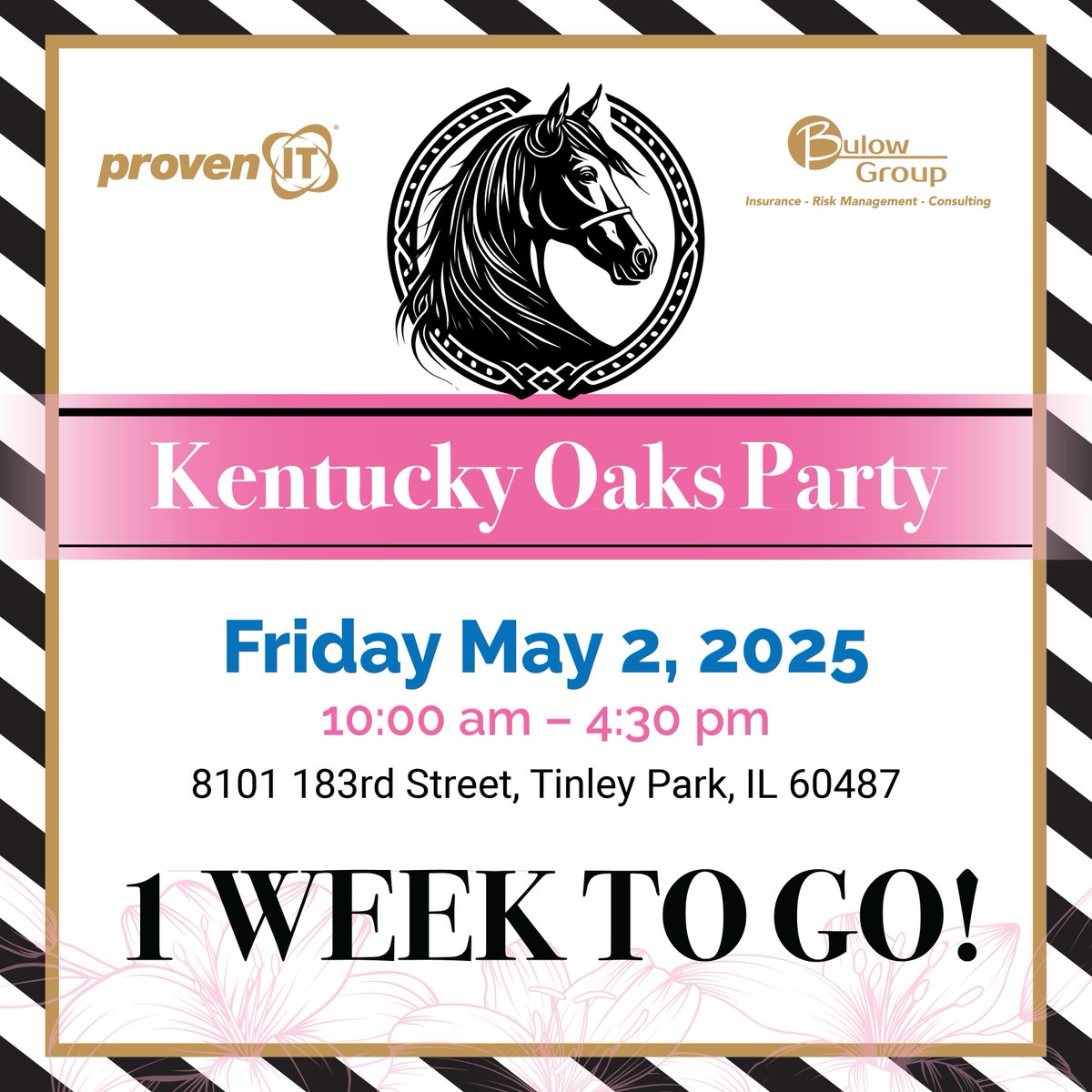 🐴There's only 1 WEEK remaining until our epic Kentucky Oaks Races Party!🎊

There's still time to register and be eligible for our exciting raffle. You won't want to miss it. Register today! hubs.la/Q03jQn6s0

#WeAreProven #KentuckyDerby #KentuckyOaksParty #BulowGroup