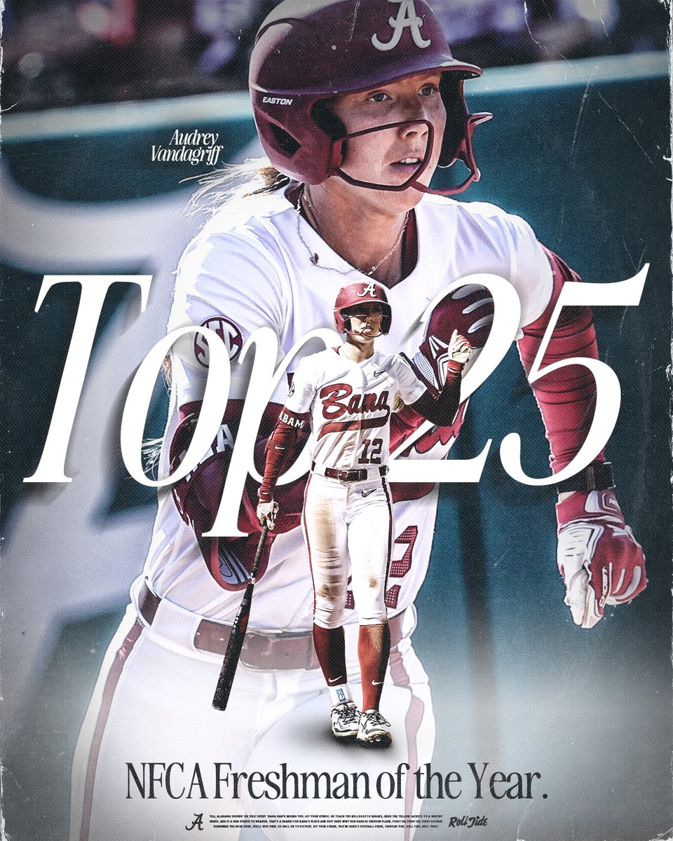Alabama Softball (@alabamasb) on Twitter photo NFCA Freshman of the Year Top 25🏅
<a href="/avandagriff12/">audrey vandagriff</a> x <a href="/NFCAorg/">National Fastpitch Coaches Association</a>
📰Read More: bit.ly/4iyv98S
#Team29 #RollTide NFCA Freshman of the Year Top 25🏅
<a href="/avandagriff12/">audrey vandagriff</a> x <a href="/NFCAorg/">National Fastpitch Coaches Association</a>
📰Read More: bit.ly/4iyv98S
#Team29 #RollTide